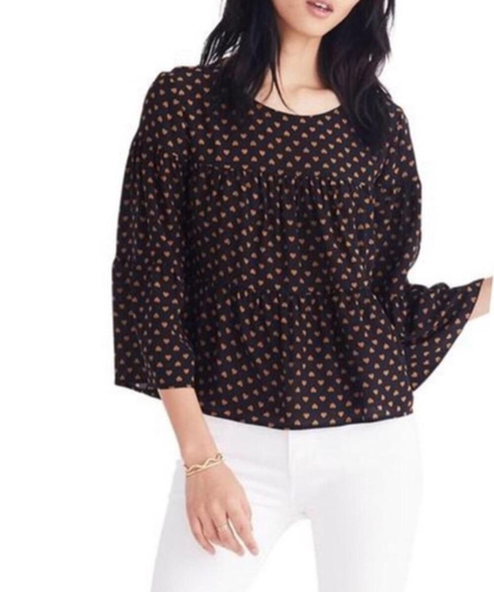 Madewell Black Gold Heart Flip Silk Tiered Button-Back Top XXS